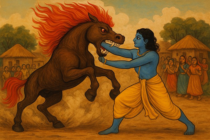 Illustration of Krishna killing the demon horse Kesi during their battle in Vrindavan