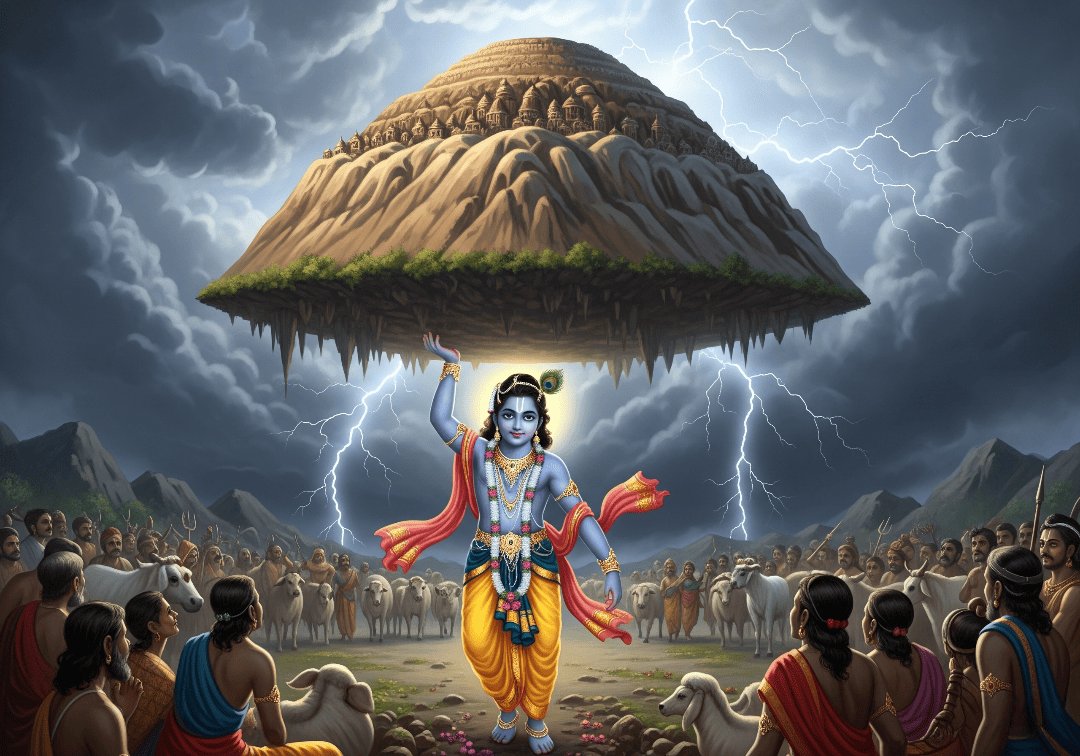Lord Krishna holding Govardhan Mountain on his finger, protecting villagers and cattle