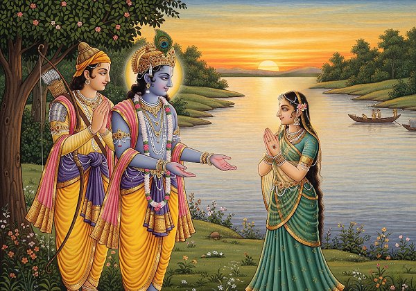 Krishna and Arjuna meeting the radiant maiden Kalindi by the Yamuna River