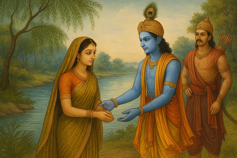 Illustration of Krishna gently meeting Kalindi, the Sun God's daughter, near the Yamuna river while Arjuna watches from behind