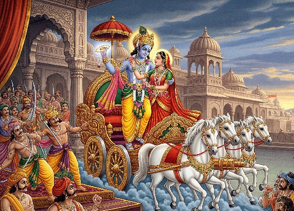 Krishna and Princess Mitravinda on a magnificent golden chariot pulled by white horses