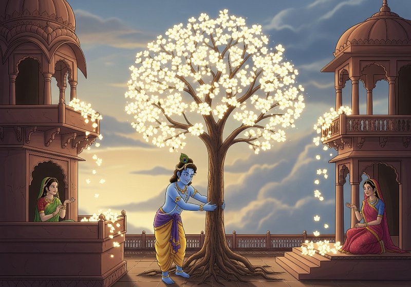 Lord Krishna with a glowing Parijataka tree, whose blossoms are falling on two separate palace balconies of his wives, Rukmini and Satyabhama
