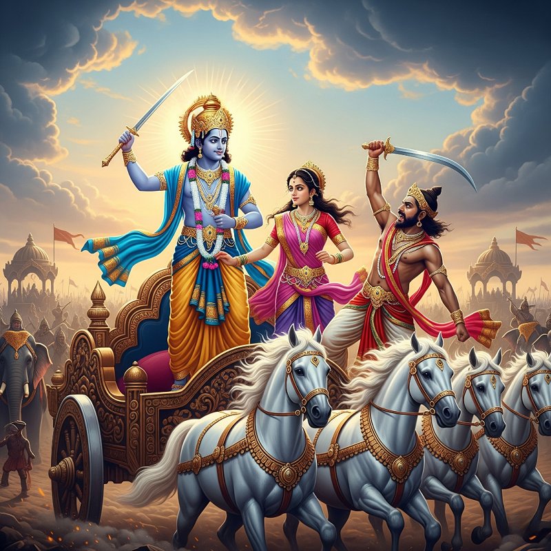 Lord Krishna riding a chariot with Rukmini beside him as Rukmi approaches in battle, during the elopement from Vidarbha