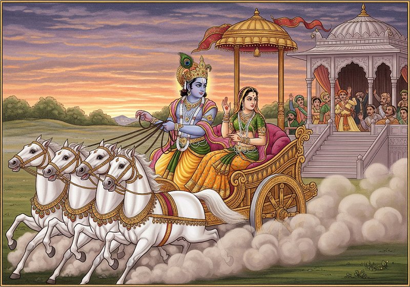 Lord Krishna carrying Rukmini away in his chariot after her swayamvara