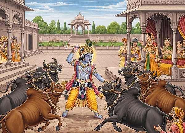 Krishna subduing seven wild bulls in a courtyard to win the hand of Princess Satya