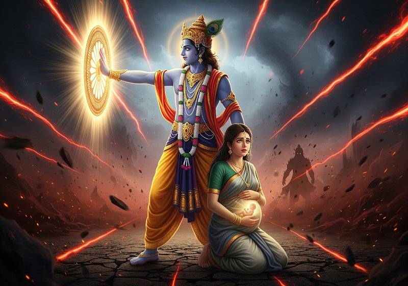 Lord Krishna using his divine power to stop a fiery sword, saving Uttara and her unborn baby