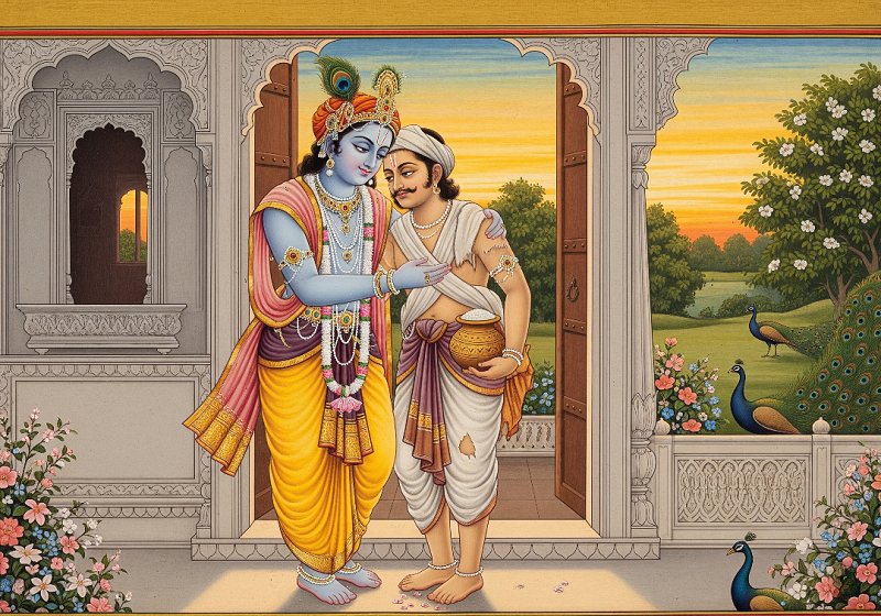 Lord Krishna warmly embracing his childhood friend Sudama, who is dressed in simple, worn clothes