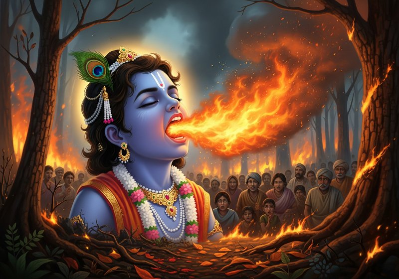 Lord Krishna with mouth wide open, actively swallowing a large forest fire