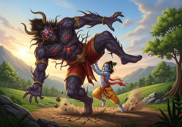Lord Krishna holding the monstrous demon Vyomasura upside down by his feet