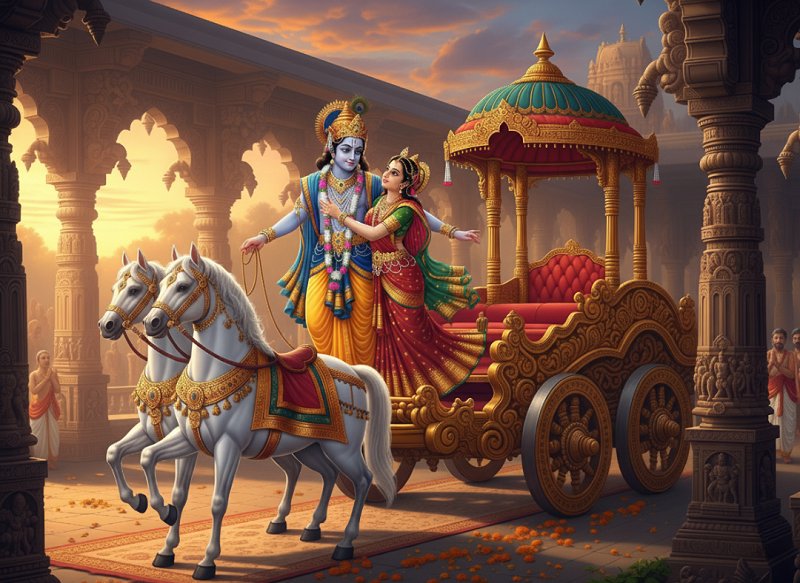 Lord Krishna stands beside Princess Rukminiand prepare to depart on a golden chariot