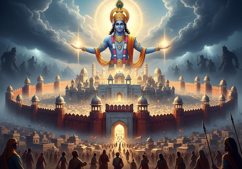 Illustration of Krishna creating a grand fort through divine power