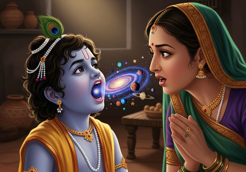little Lord Krishna reveals his cosmic form to his mother, Yashoda