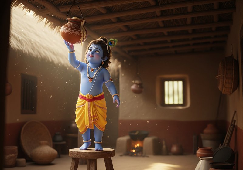 Krishna standing on a stool reaching for a pot of butter