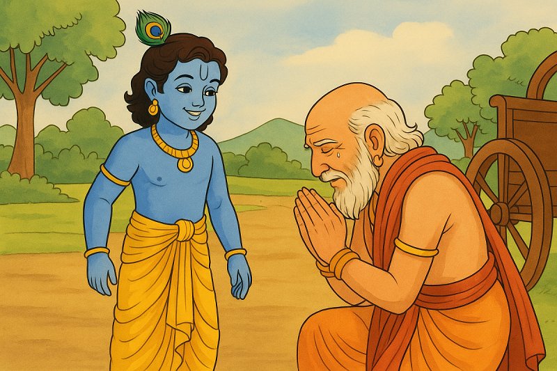 Lord Krishna smiling as Akrura bows before him in Gokul, preparing to travel to Mathura on Kansa's invitation