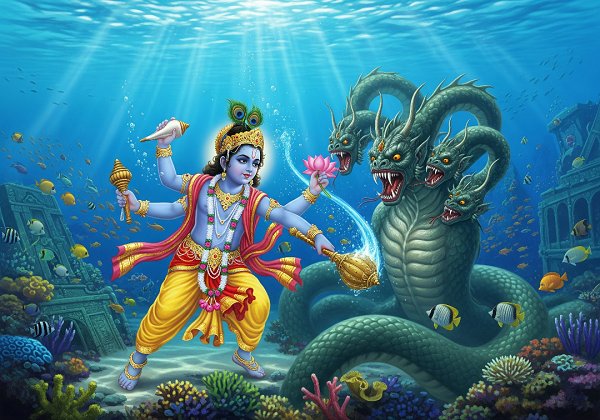 Lord Krishna battling a monstrous, five-headed serpentine demon under water