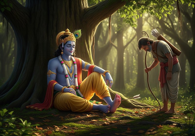 Lord Krishna sitting peacefully and an arrow is shown lodged in the sole of his foot