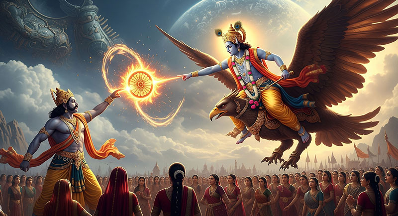 Krishna attacks demon Bhaumasura with the Sudarshan Chakra in a fiery battle scene