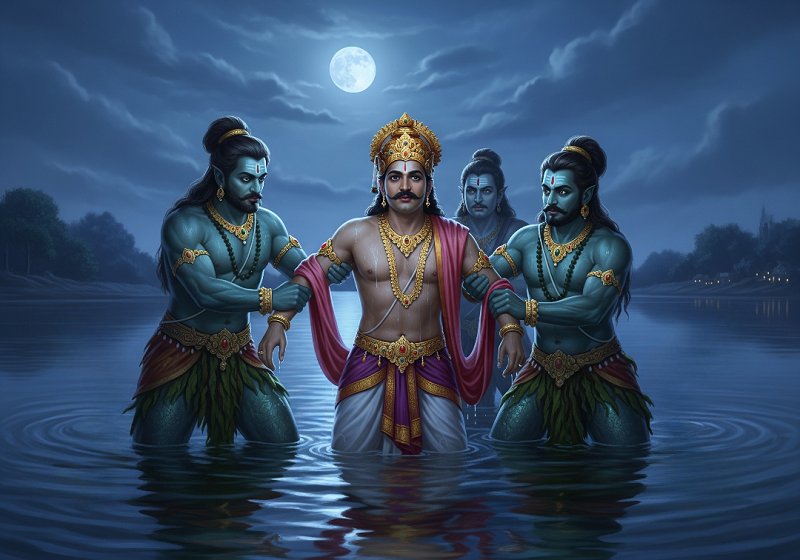 Maharaja Nanda is being arrested by two powerful servants of the sea god Varuna