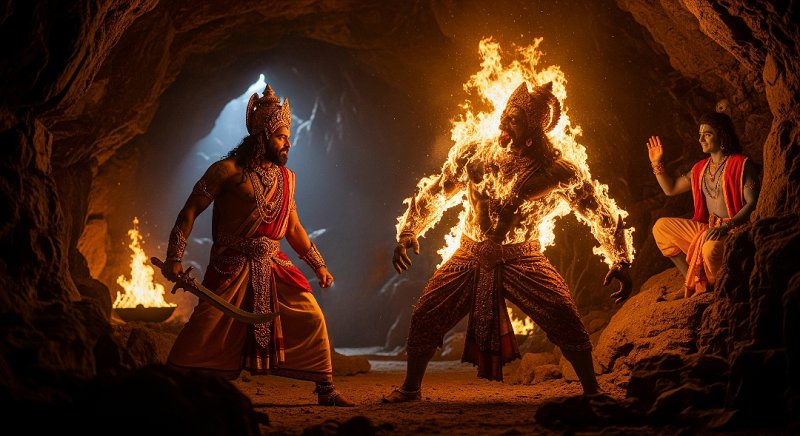 Illustration of Muchukunda burning demon Kalayavana with his fiery gaze as Krishna watches in the background
