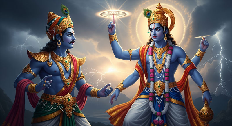 Shri Krishna with Sudarshan Chakra defeating King Paundraka - Mythological Story