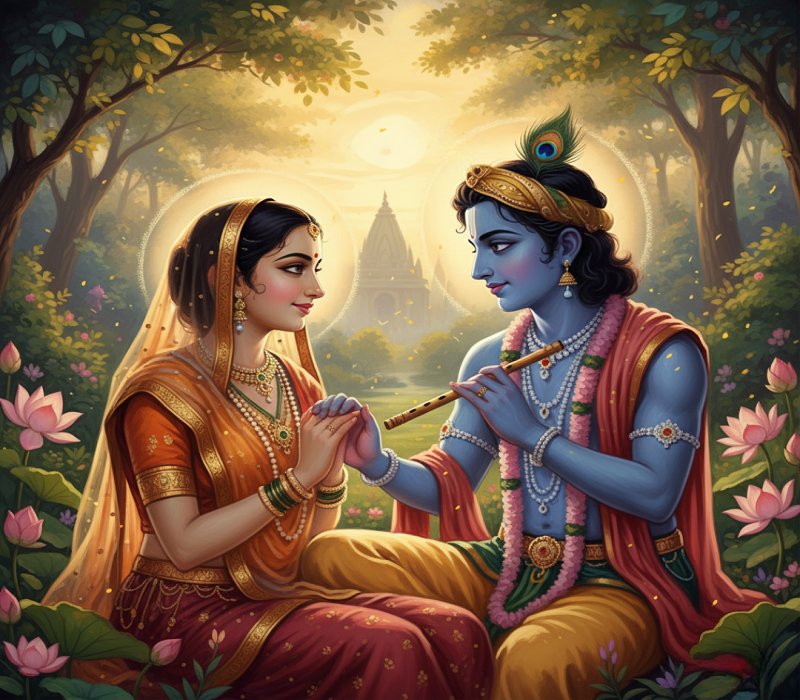 Illustration of Radha looking lovingly at Krishna, depicting devotion and spiritual intimacy