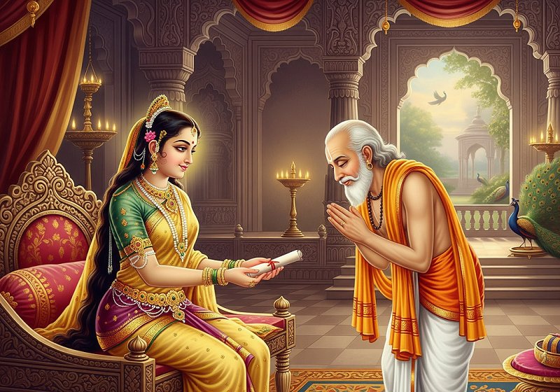 Princess Rukmini is handing a rolled-up letter to an old Brahmin man
