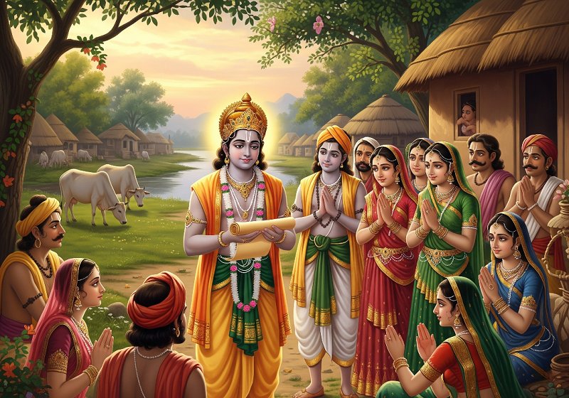 Uddhava surrounded by Vrindavan's gopis and cowherd people, delivering Krishna's message