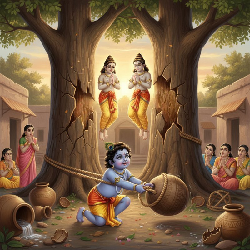 Illustration of baby Krishna tied to a mortar dragging it between two trees, which crack and fall