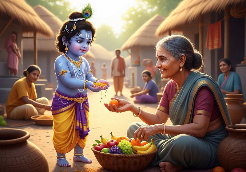 Young Krishna offering a handful of grains to an elderly woman