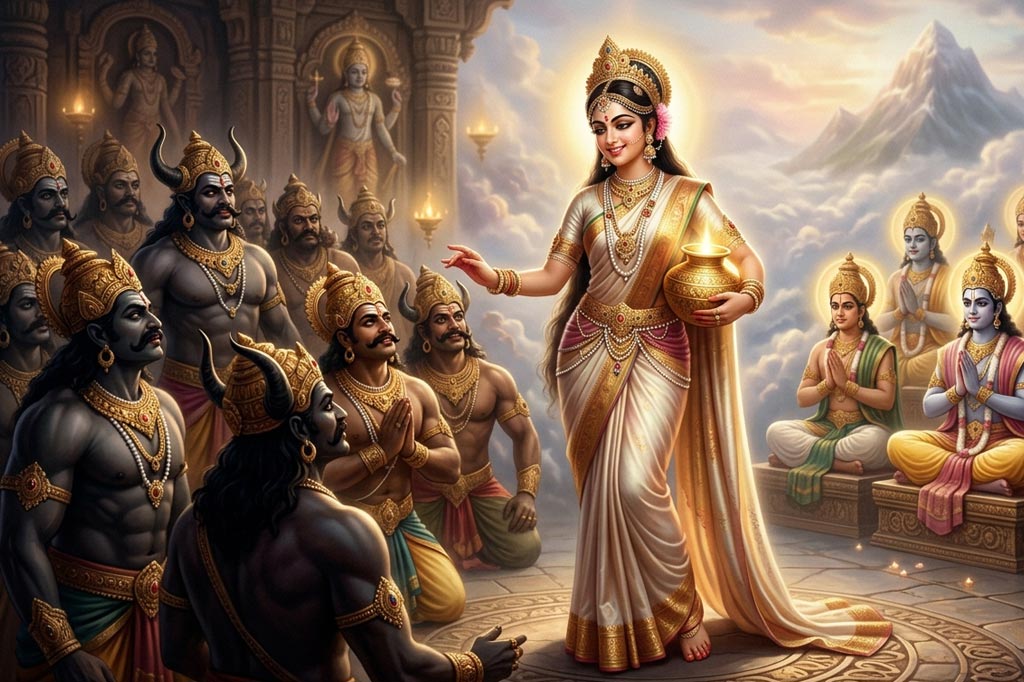 Mohini avatar enchanting Asuras while distributing Amrita to Devas
