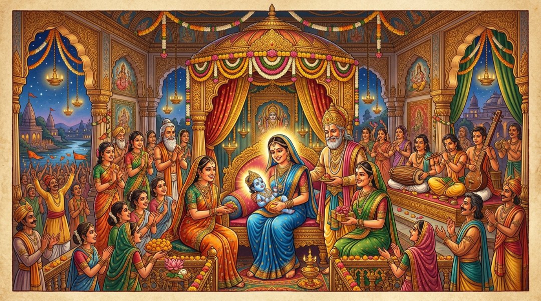 Illustration of birth of Lord Rama in Ayodhya with King Dasharatha and queens celebrating