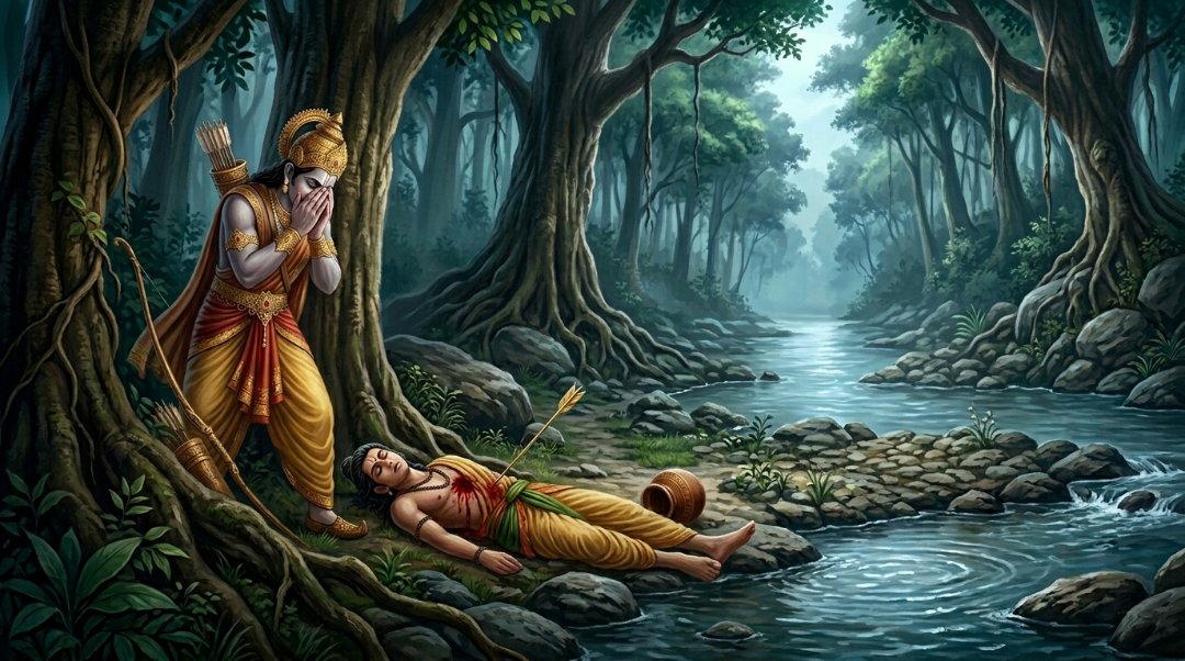 King Dasaratha realizing his mistake after wounding Shravana Kumar in the forest.