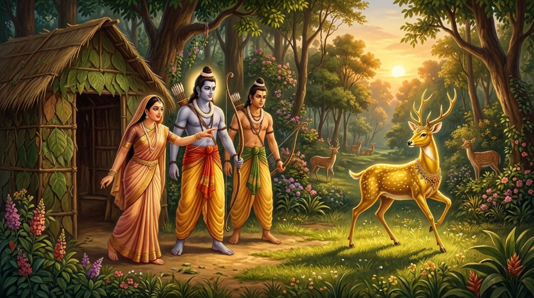 Mareecha appears near sita as golden deer and Sita inststs Rama to capture it.