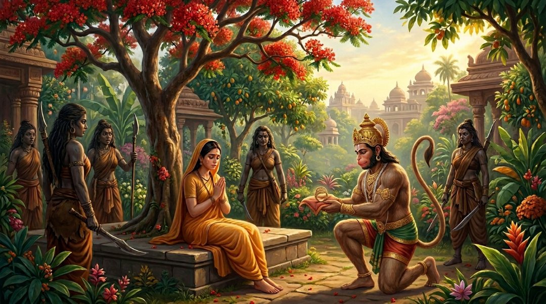 Hanuman giving Rama's ring to Sita in Ashoka Vatika, restoring her hope.
