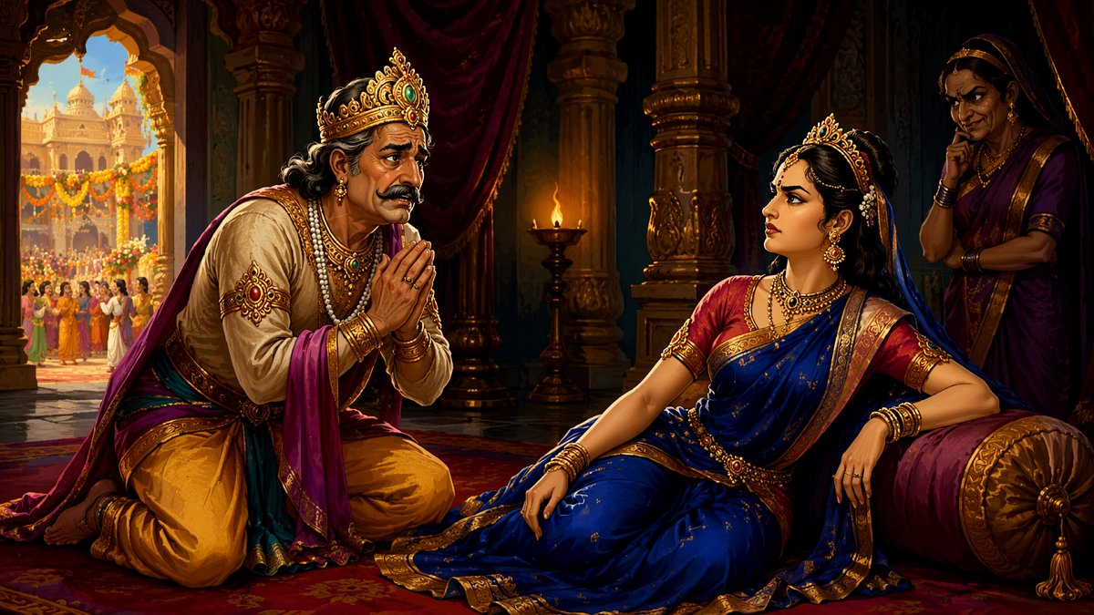 Queen Kaikeyi demands her two boons from King Dasharatha, changing the fate of Rama