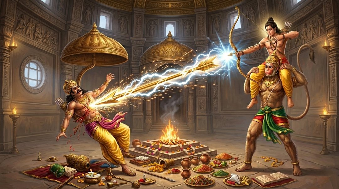 Lakshmana striking Meghnad with the divine Indraastra during the Lanka war