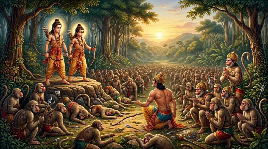Luv and Kush battling Bharata and the monkey army led by Hanuman in the forest