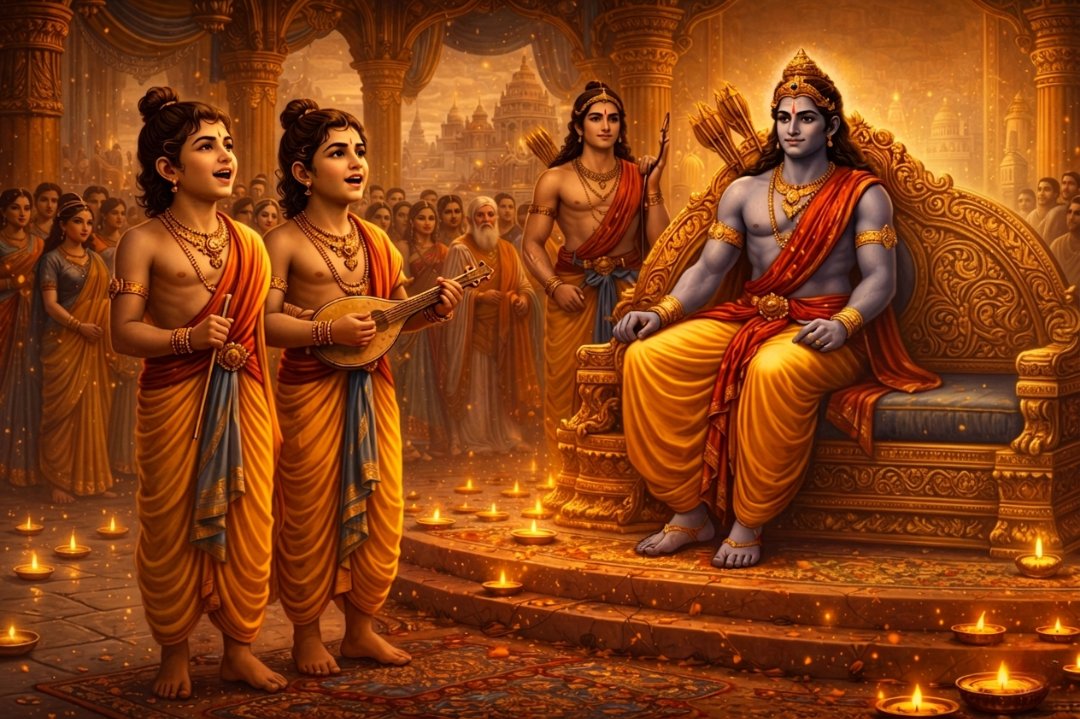 Illustration of Luv and Kush reciting Ramayana before Rama in Ayodhya
