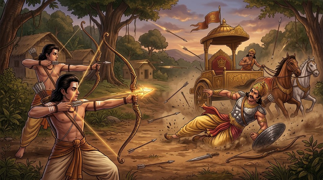 Luv and Kush bravely battling Lakshmana during the Ashwamedha horse episode.