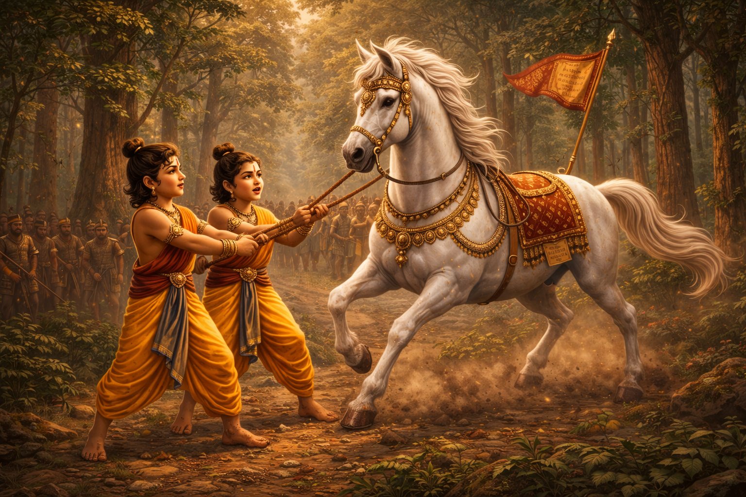 Illustration of Luv and Kush stopping Ashwamedha white horse Ramayana story