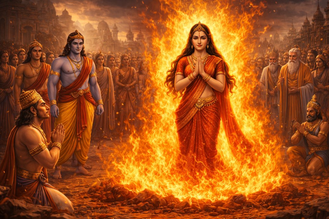Illustration of Agni Pariksha of Mata Sita infront of the people of Ayodhya