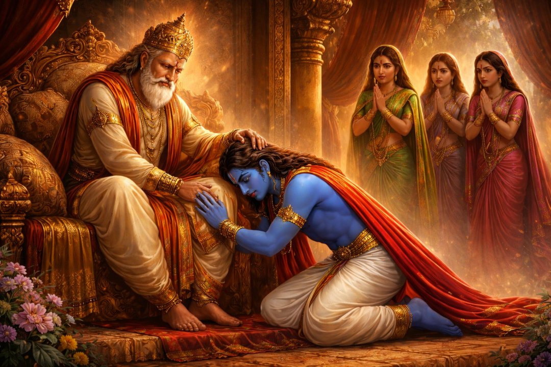 Lord Rama respectfully accepting exile to honor his father's promise