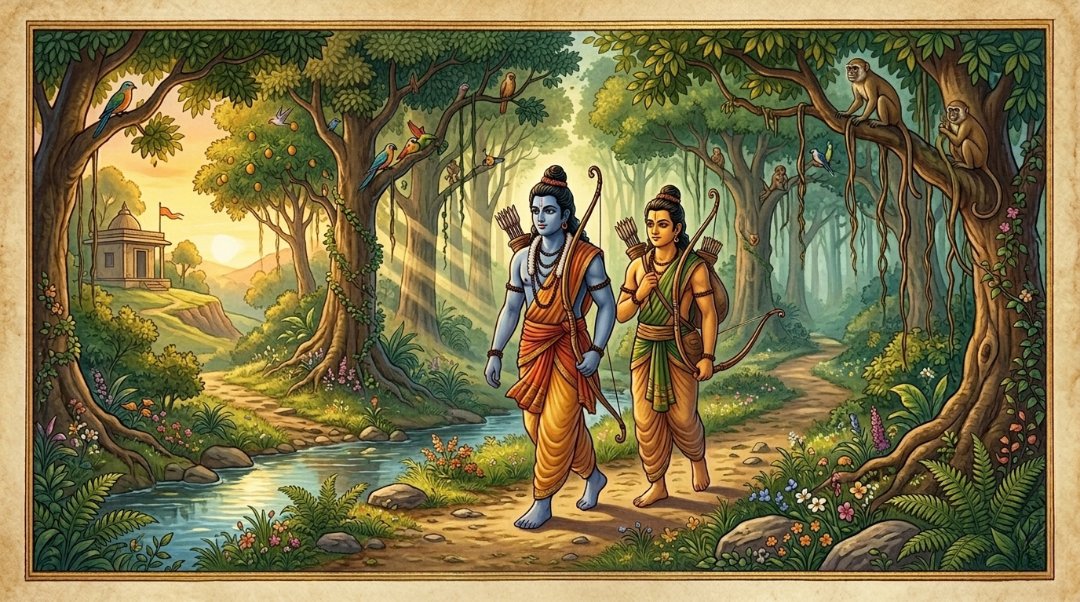 Illustration of Rama and Lakshmana walking together in forest during exile in Ramayana