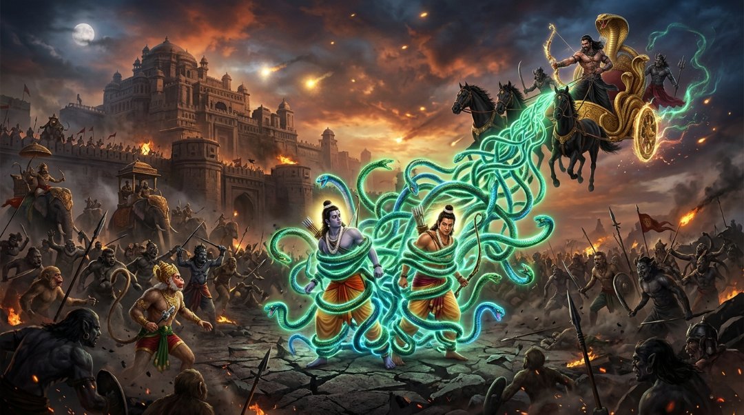 Meghnad binding Rama and Lakshmana with the powerful Naag Paash during the Lanka war