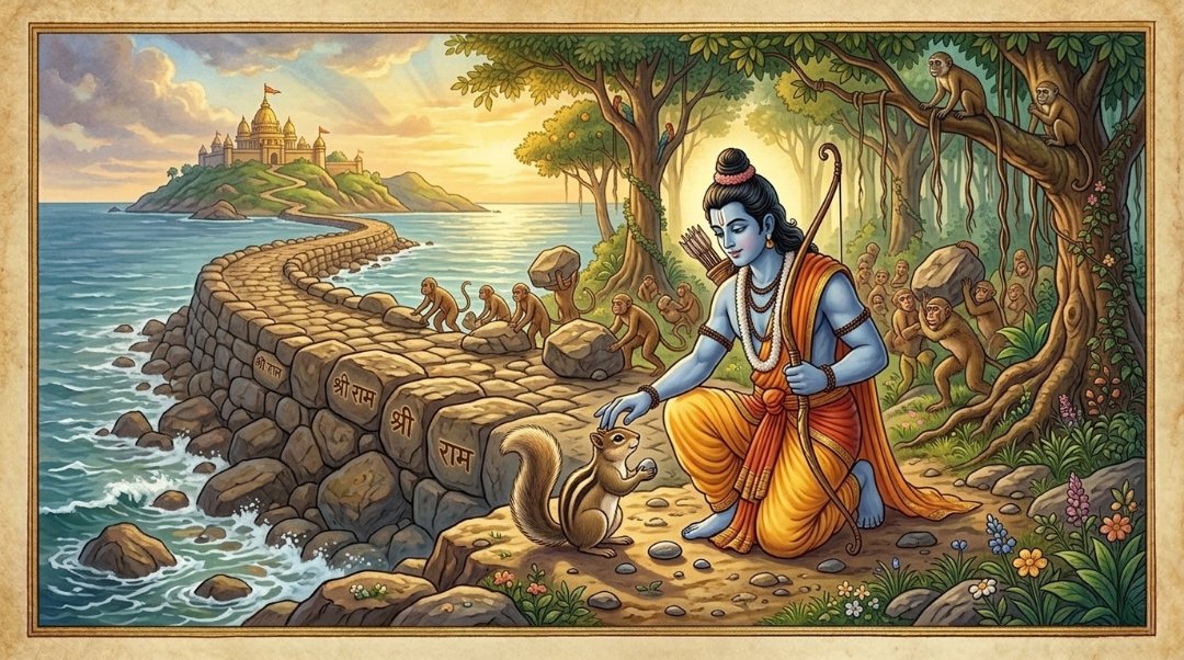 Illustration of Lord Rama blessing a squirrel helping build Ramayana bridge to Lanka