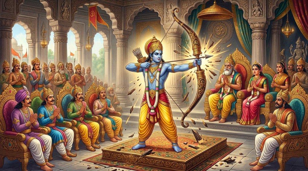 Rama breaking Shiva bow in Sita swayamvara with King Janaka and gathered princes watching