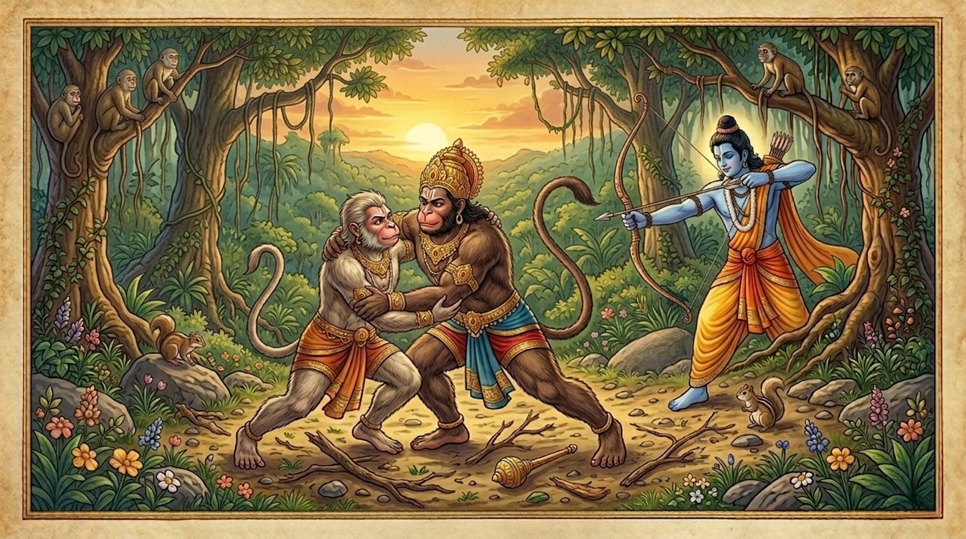 Illustration of Rama confronting Bali during Sugriva battle in Ramayana forest scene