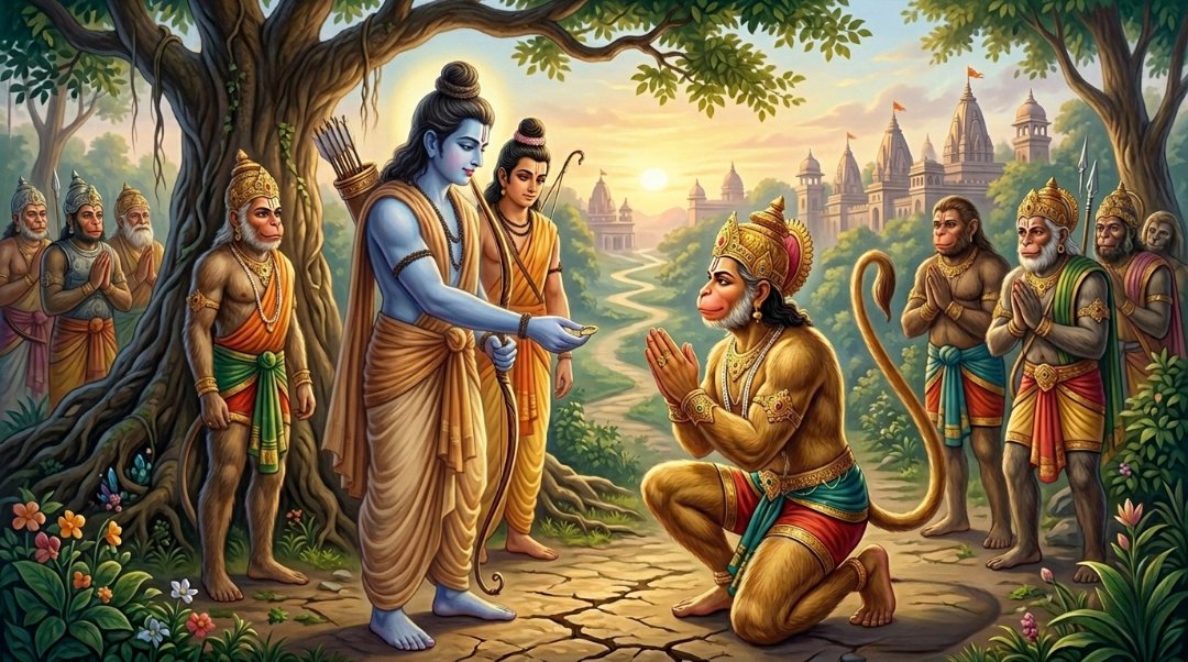 Rama entrusts Hanuman with his ring as he begins the mission to find Sita