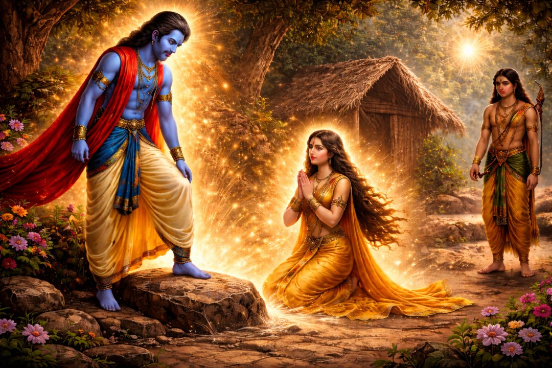 Lord Rama freeing Ahilya from her curse by touching the stone in Sage Gautama's ashram.