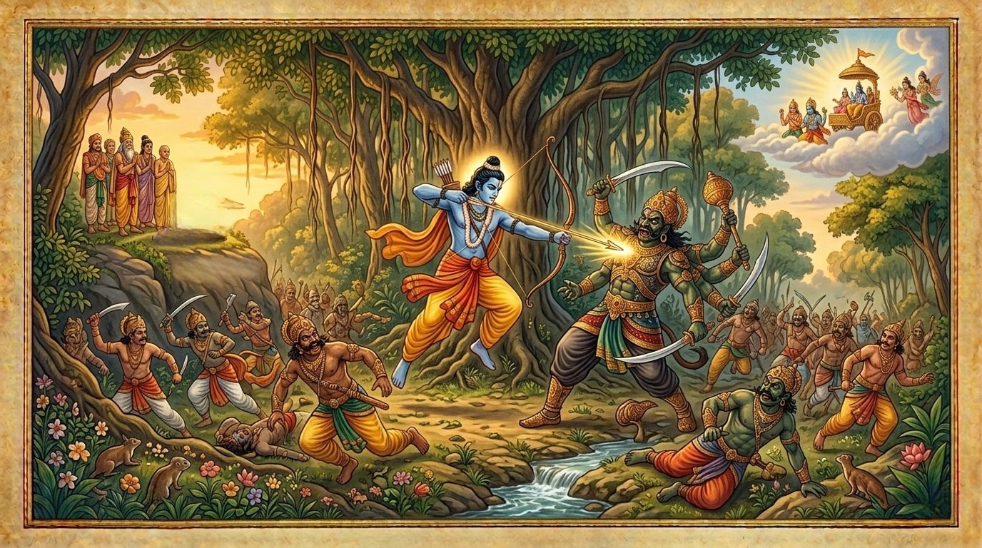Illustration of Rama killing Khara in forest battle Ramayana scene